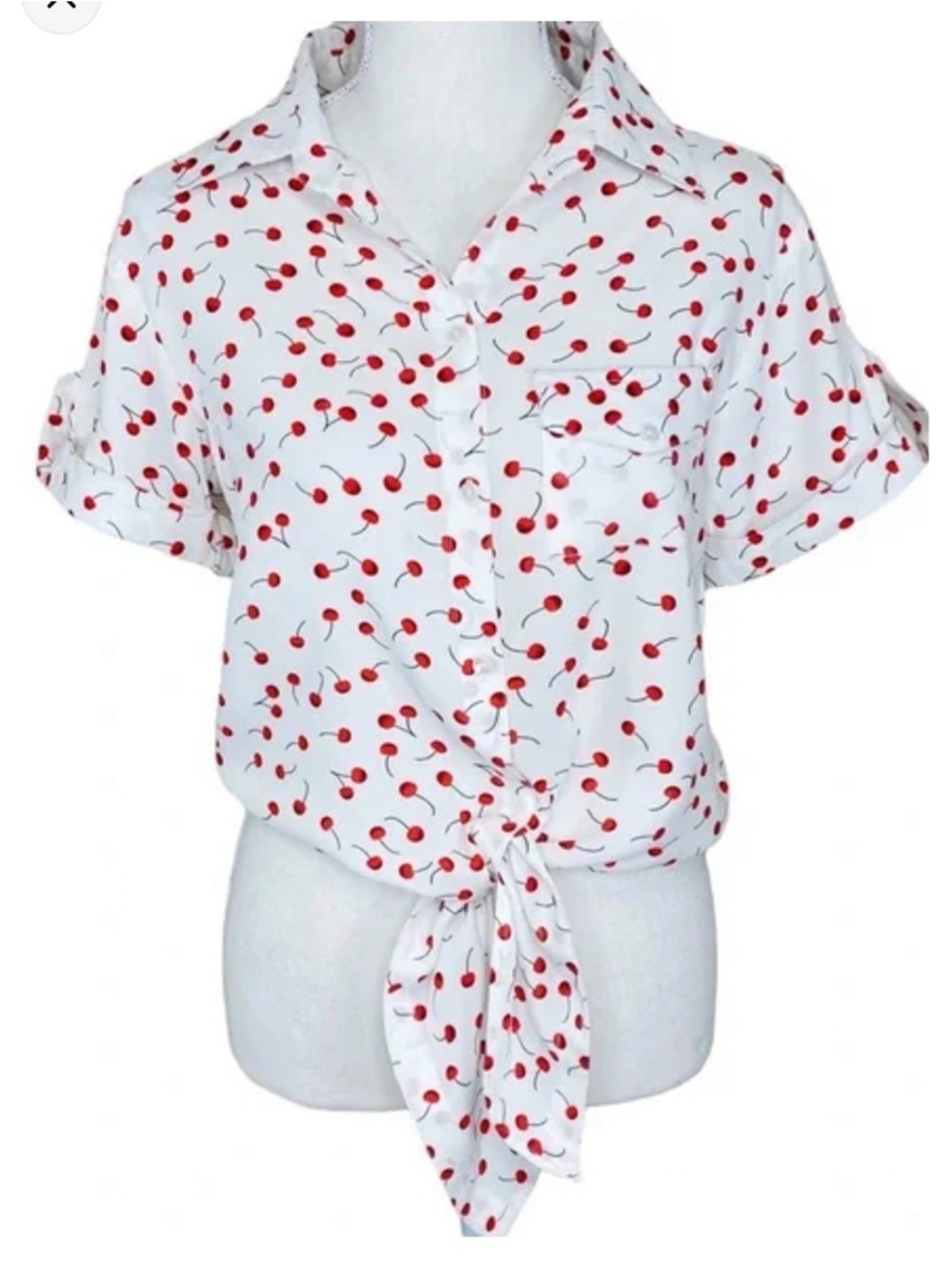 Japna White Button-Front Tie Hem Blouse with Red Cherry Print